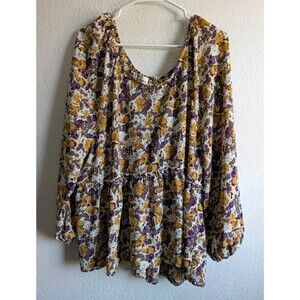 Hayden Womens 2XL Plus Floral Chiffon Long Sleeve Scoop Neck Peplum Blouse